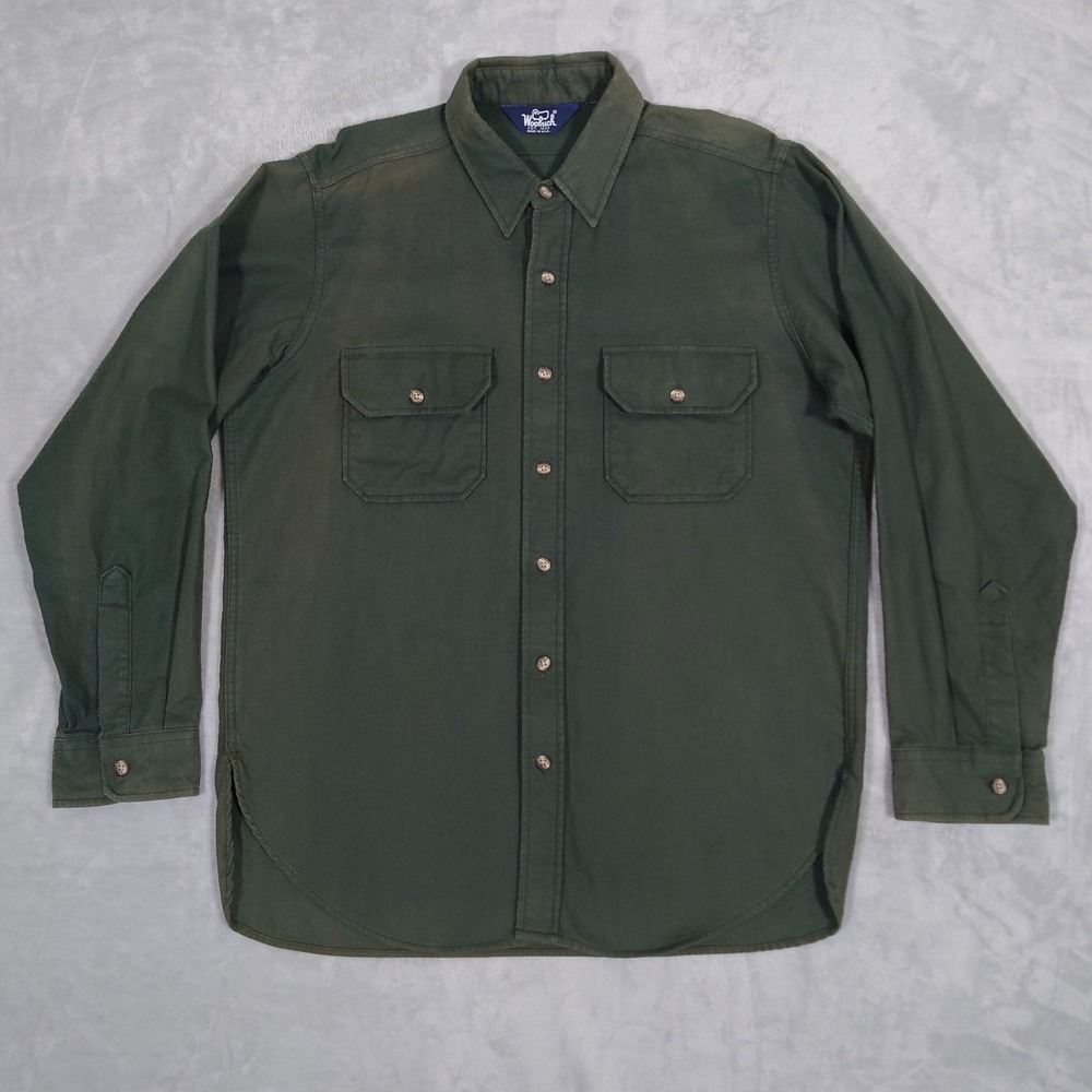 VTG Woolrich Chamois Cloth Shirt Men M/L ArmyGreen Sun Faded Flannel Heavyweight